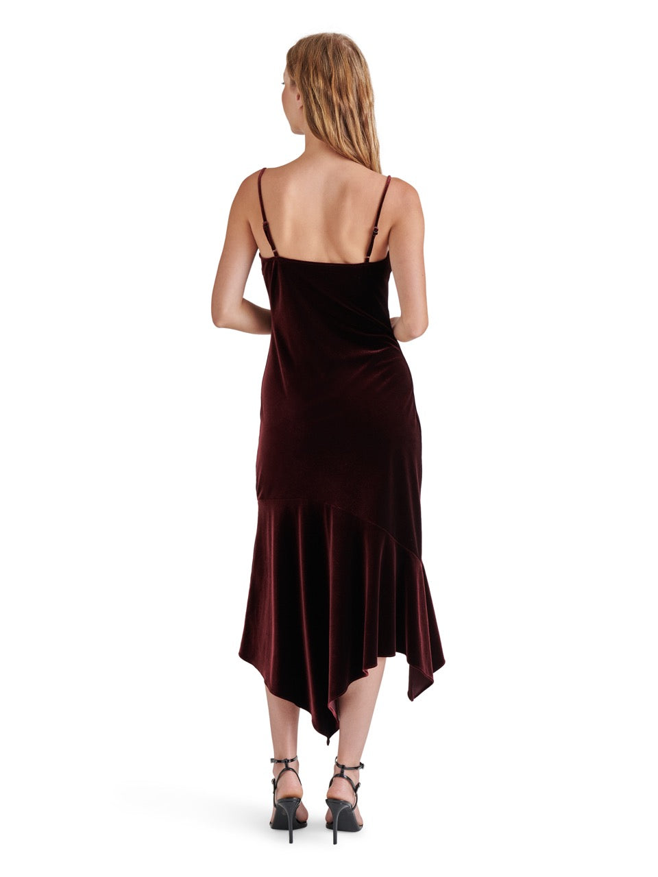 Steve Madden Lucille Velvet Asymmetric Midi Dress in wine-back