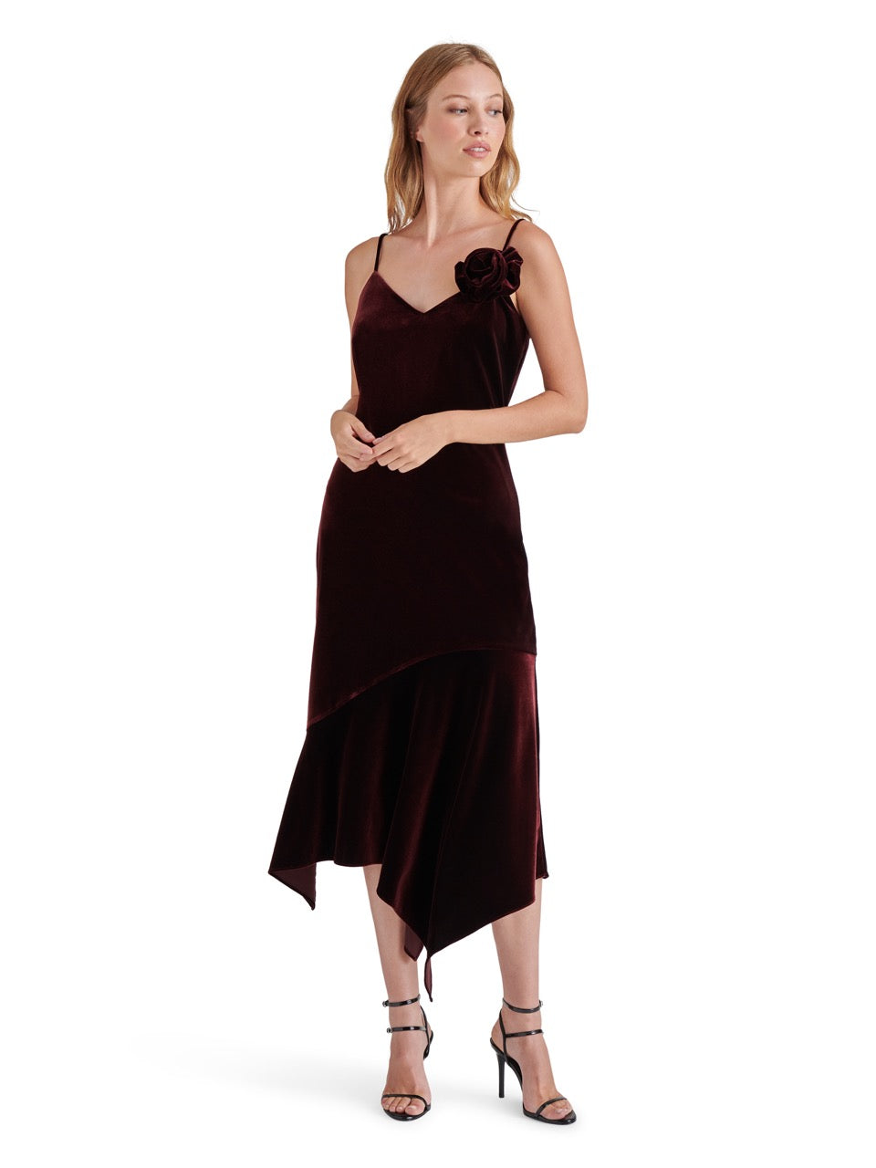 Steve Madden Lucille Velvet Asymmetric Midi Dress in wine-front