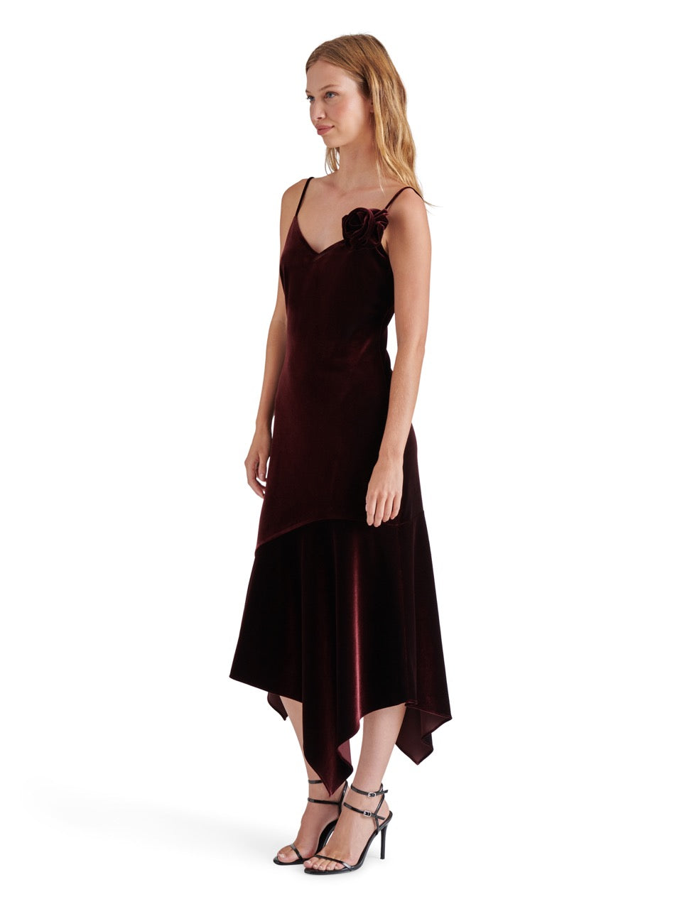 Steve Madden Lucille Velvet Asymmetric Midi Dress in wine-side