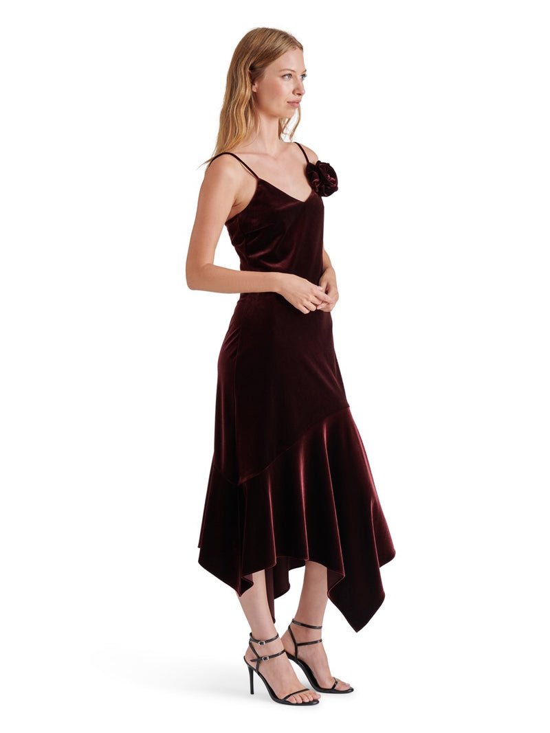 Steve Madden Lucille Velvet Asymmetric Midi Dress in wine-side