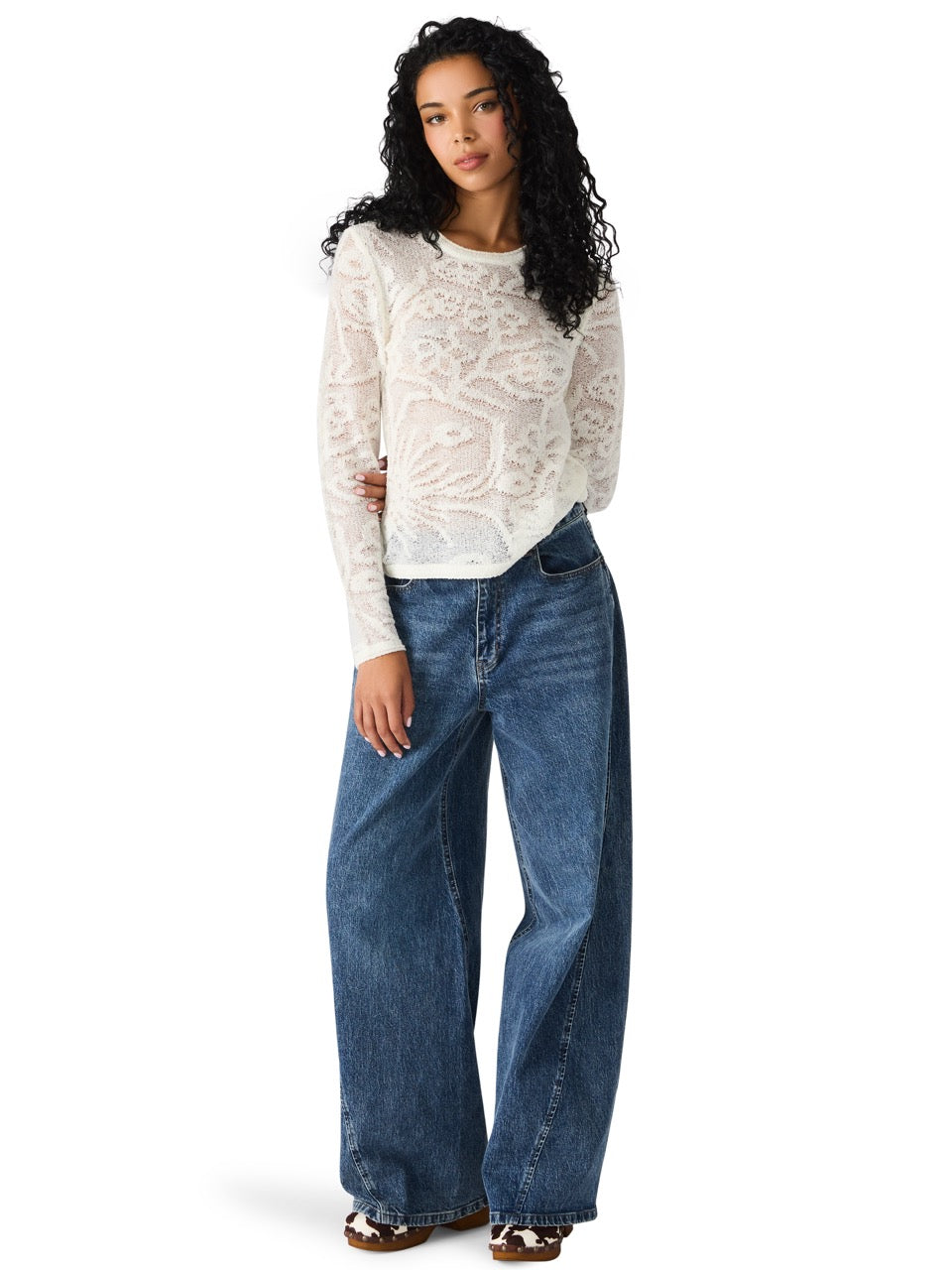 Steve Madden Megann Floral Pattern Mesh Top antique