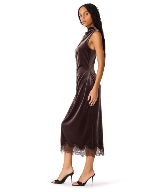 Steve Madden Mo Draped Velvet Midi Dress dark toffee