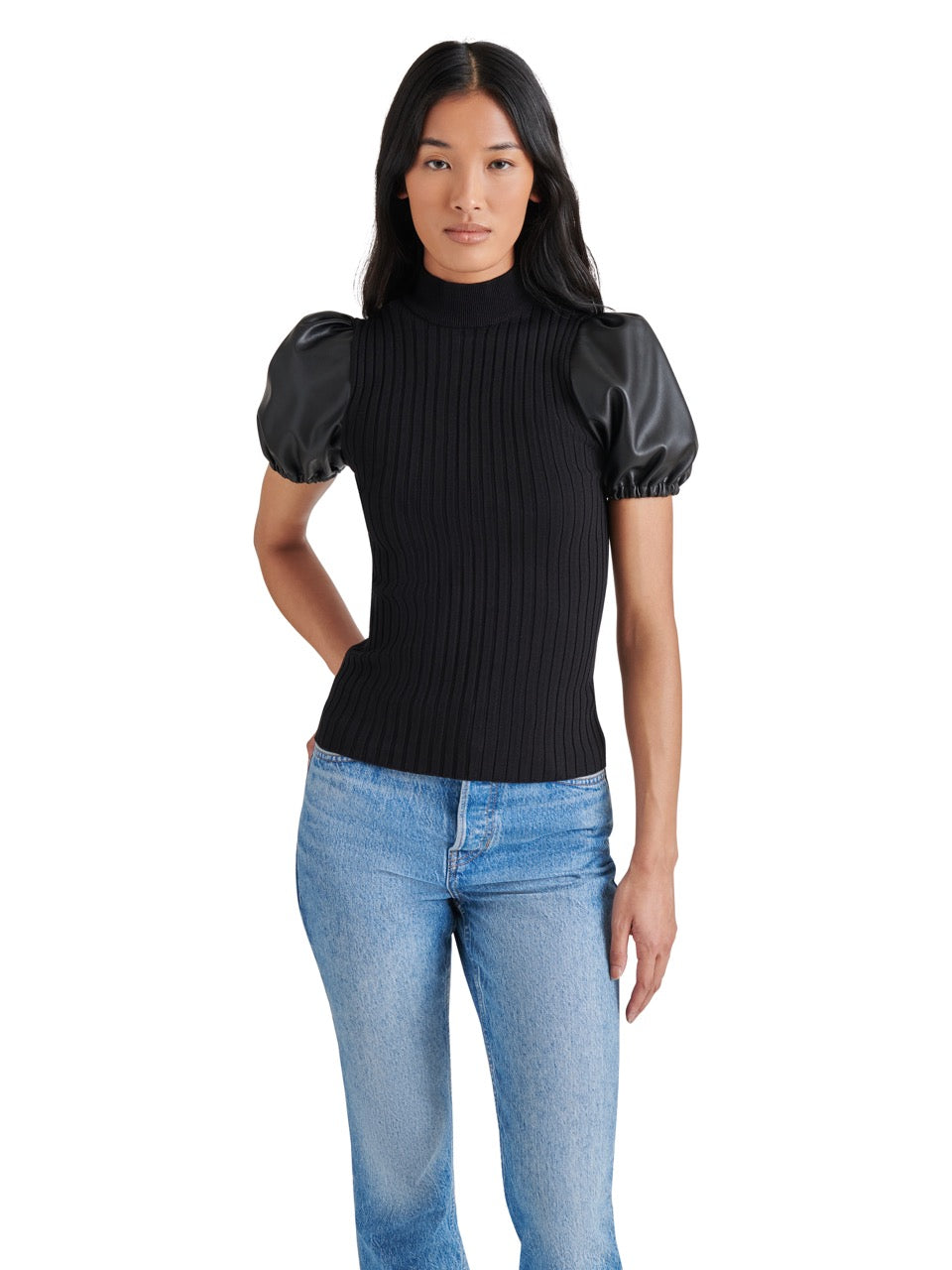 Steve Madden Peggy Puff Faux Leather Sweater in black-front