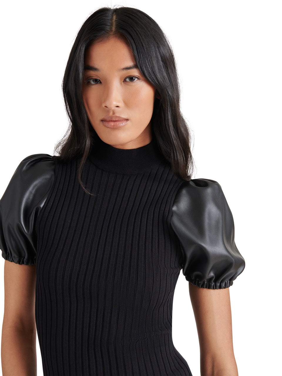 Steve Madden Peggy Puff Faux Leather Sweater in black-front