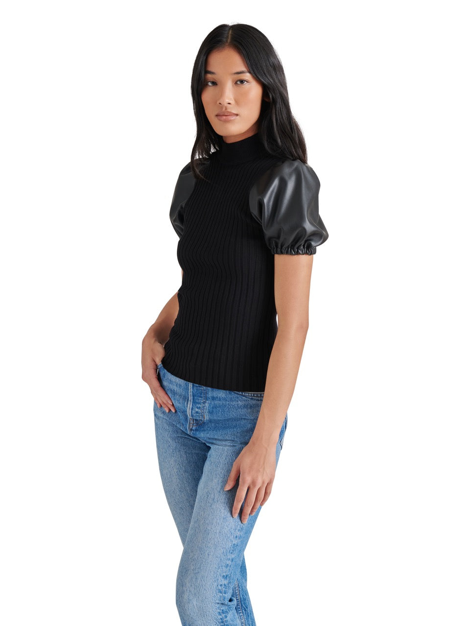 Steve Madden Peggy Puff Faux Leather Sweater in black-side