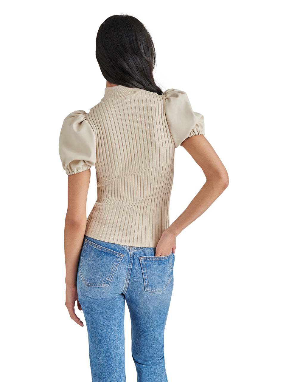 Steve Madden Peggy Puff Faux Leather Sweater in bone-back