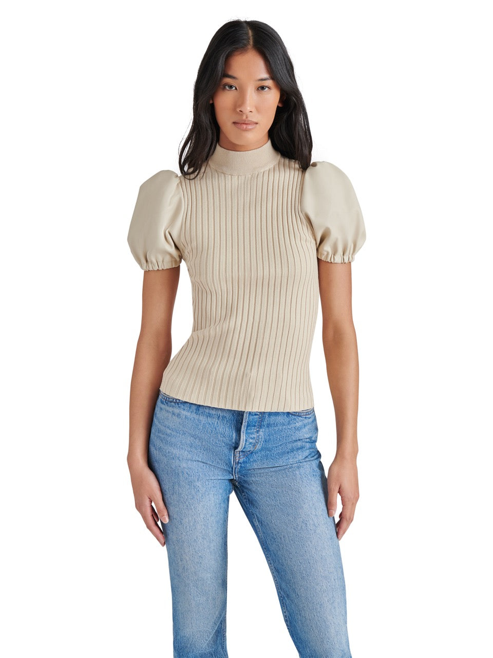 Steve Madden Peggy Puff Faux Leather Sweater in bone-front