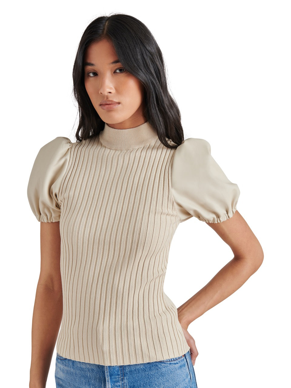 Steve Madden Peggy Puff Faux Leather Sweater in bone-front