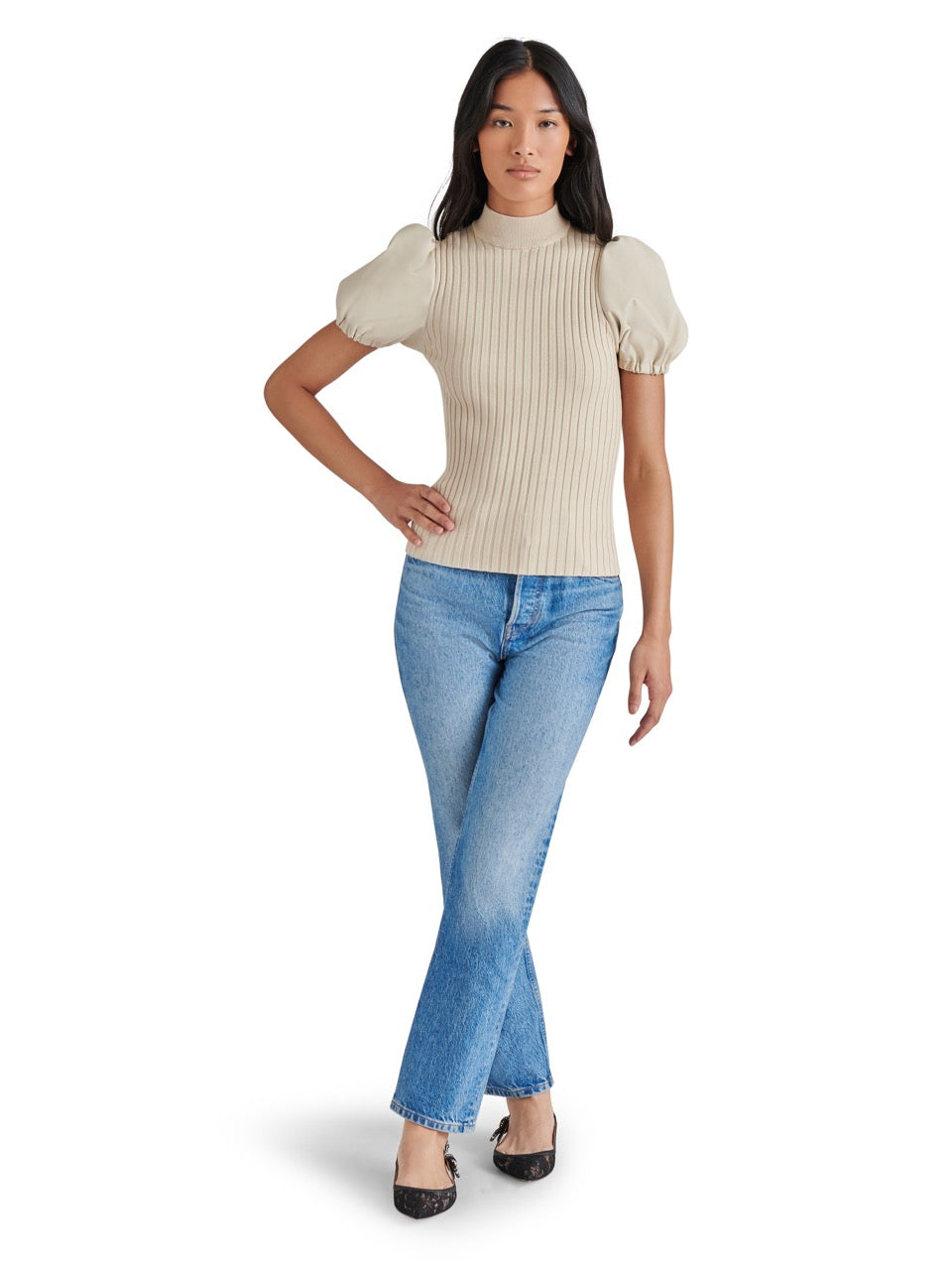 Steve Madden Peggy Puff Faux Leather Sweater in bone-front