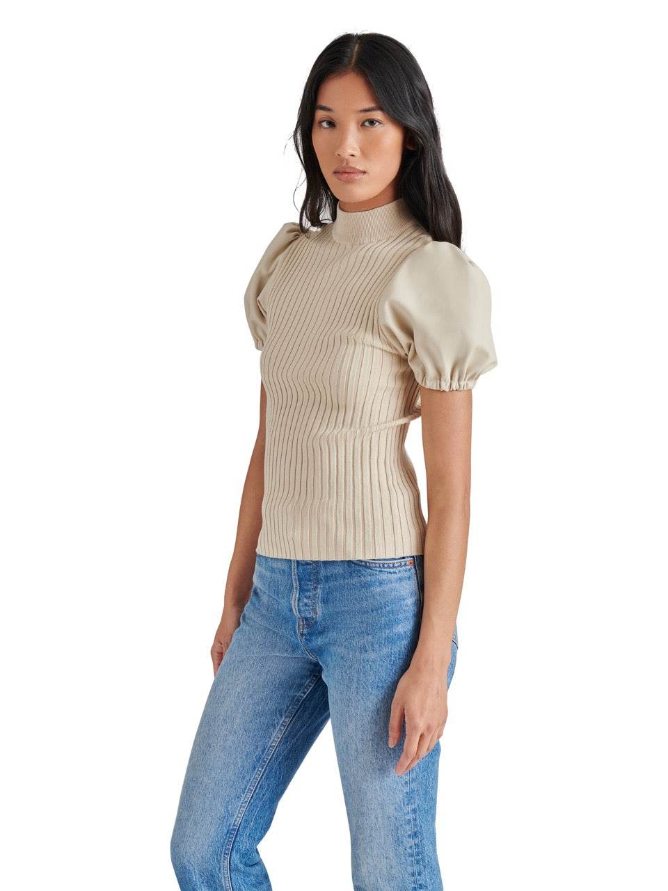 Steve Madden Peggy Puff Faux Leather Sweater in bone-side