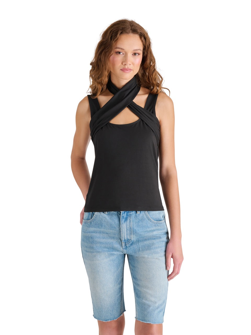 Steve Madden Percy Crisscross Halter Tank in black 