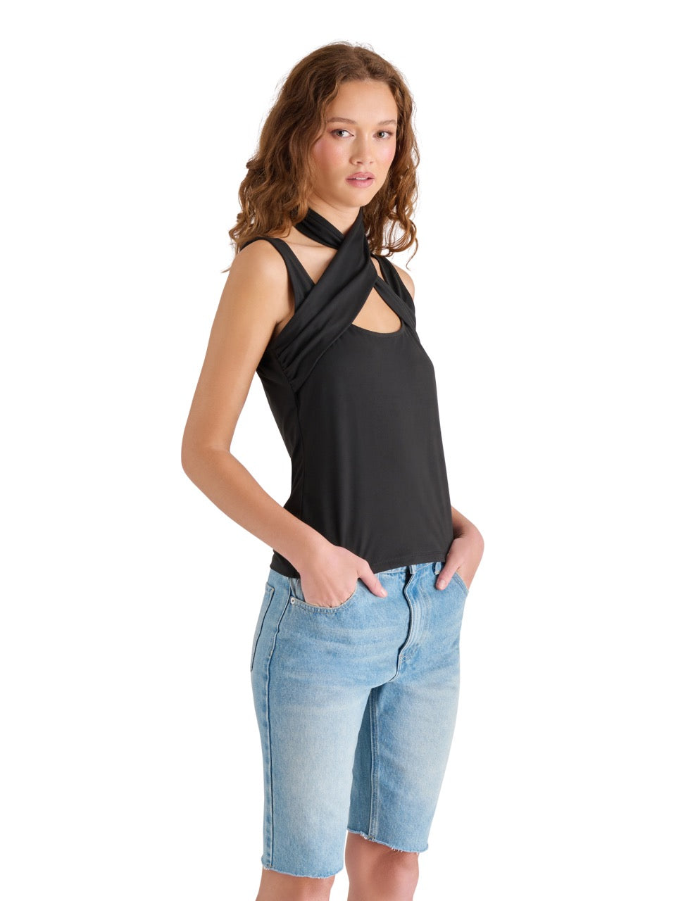 Steve Madden Percy Crisscross Halter Tank in black 