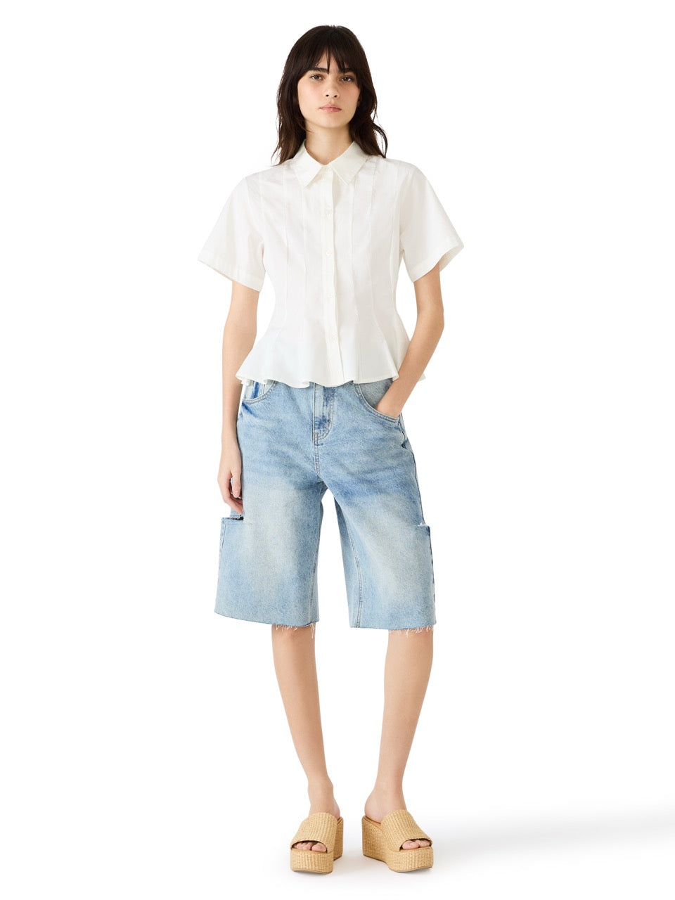 Steve Madden Porter Solid Peplum Top in white 