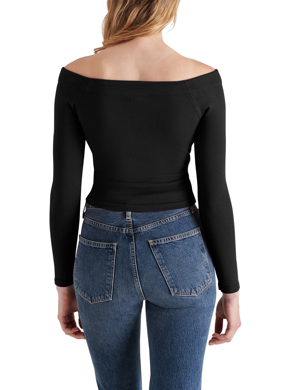 steve madden ressi off shoulder crop sweater in black-back