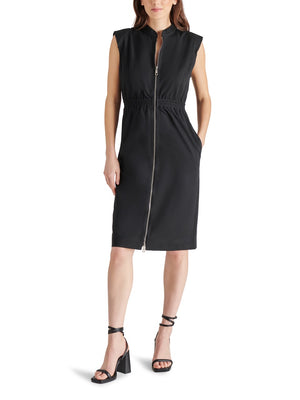 steve madden rey zip front sleeveless dress in black-front