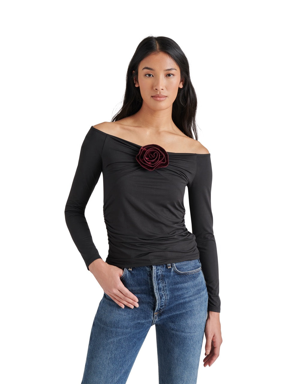 Steve Madden Rosetta Off Shoulder Rosette Top in black-front