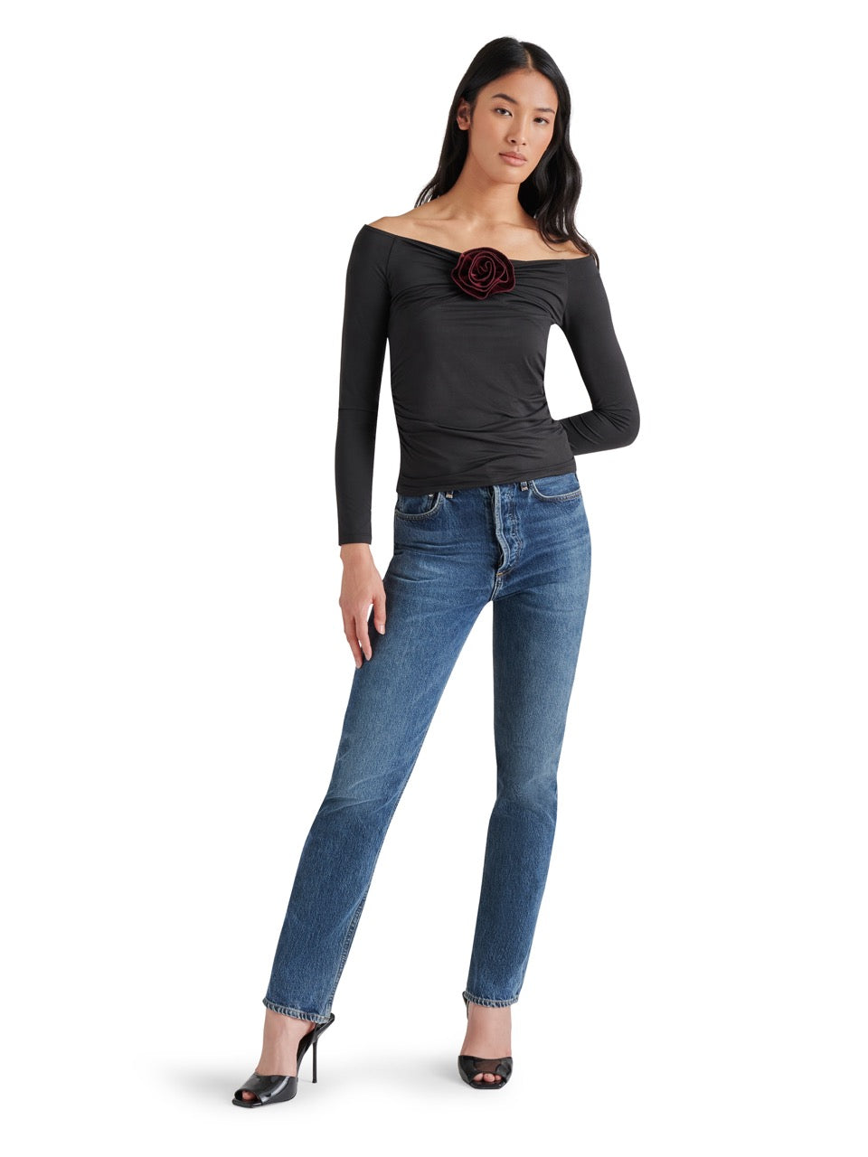 Steve Madden Rosetta Off Shoulder Rosette Top in black-front