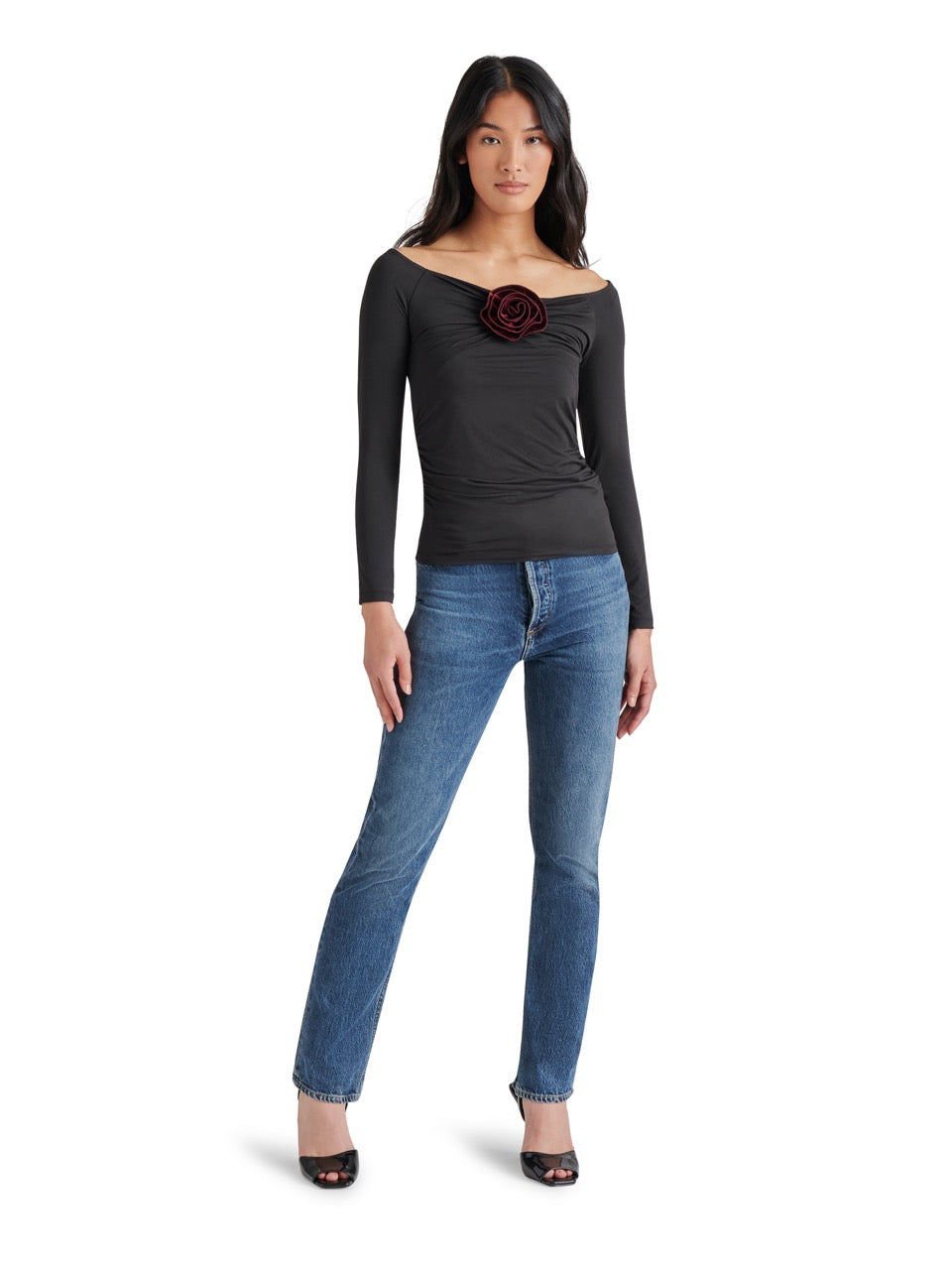 Steve Madden Rosetta Off Shoulder Rosette Top in black-front