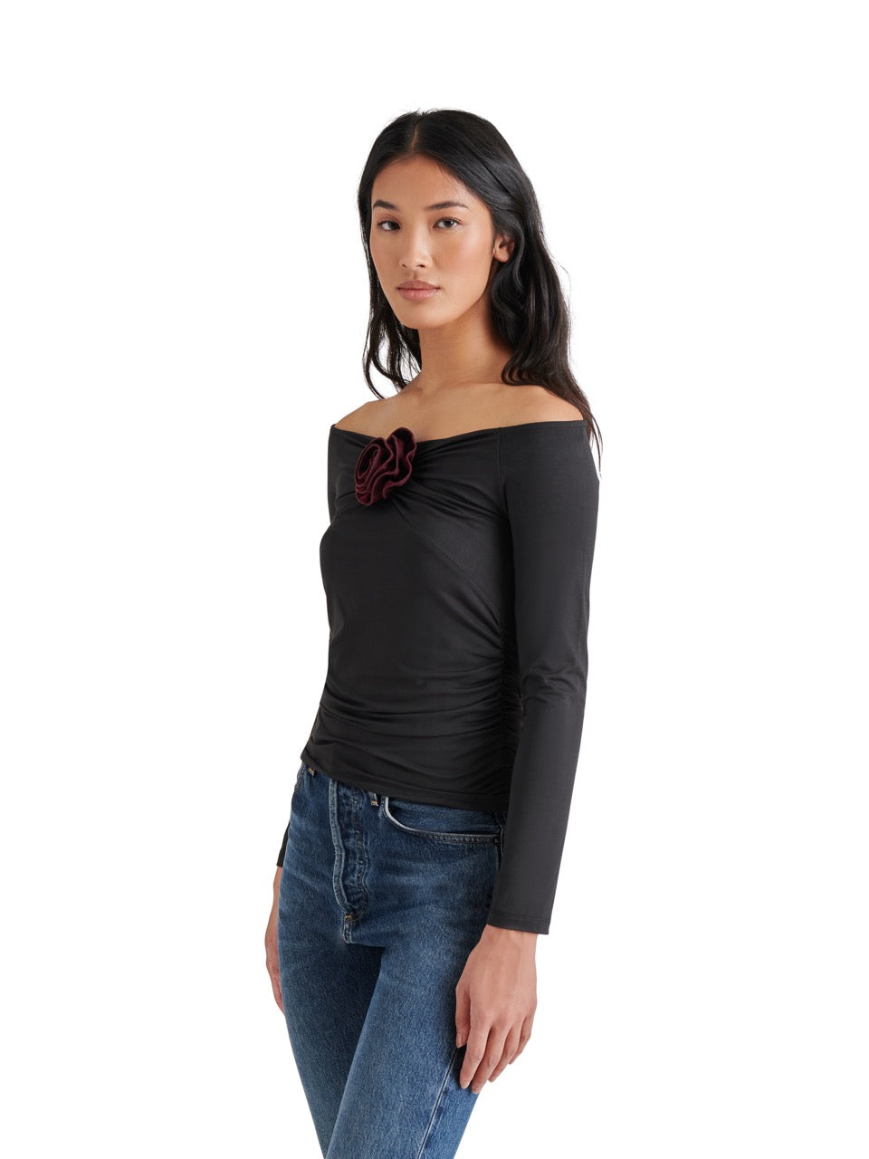 Steve Madden Rosetta Off Shoulder Rosette Top in black-side