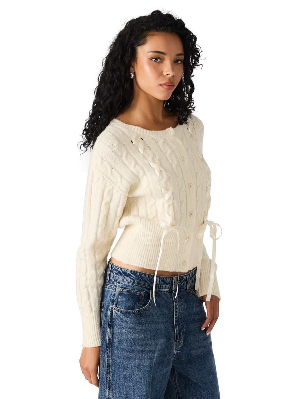 Steve Madden Saidee Cable Ribbon Cardigan cream