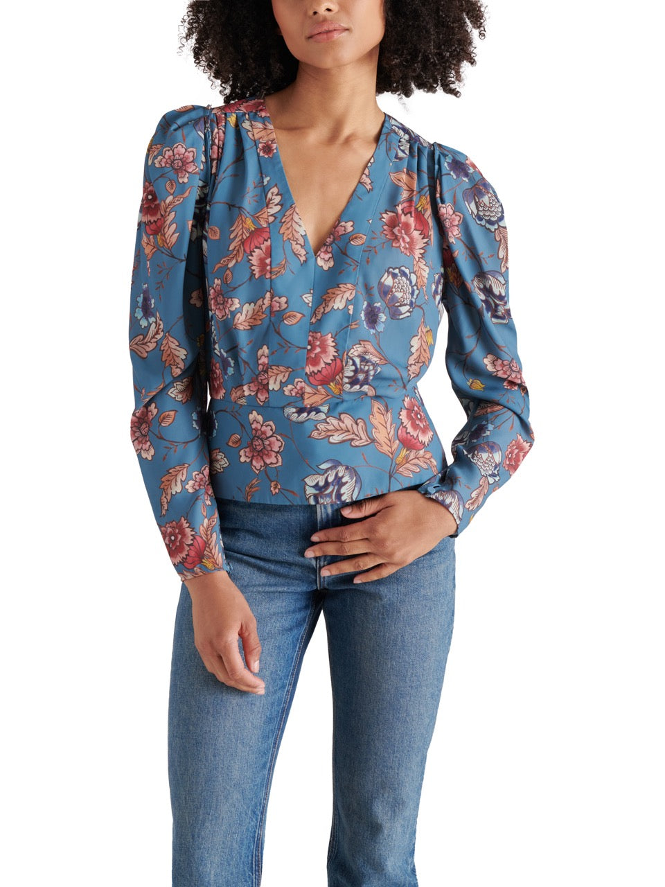 steve madden saige floral v neck top in cadet bloue-front