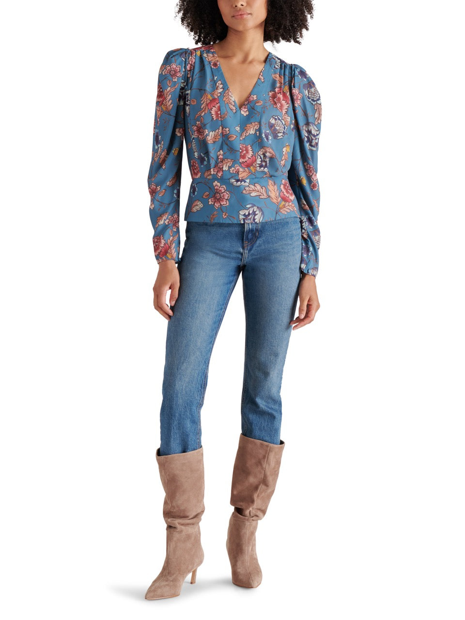 steve madden saige floral v neck top in cadet bloue-front