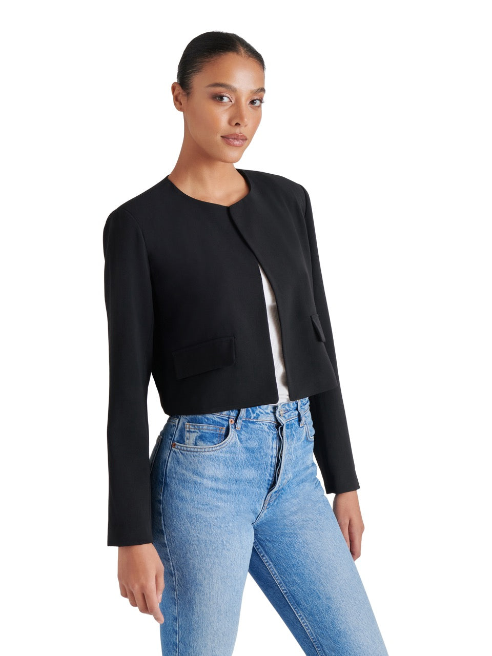 Steve Madden Serenea Open Front Blazer in black-side