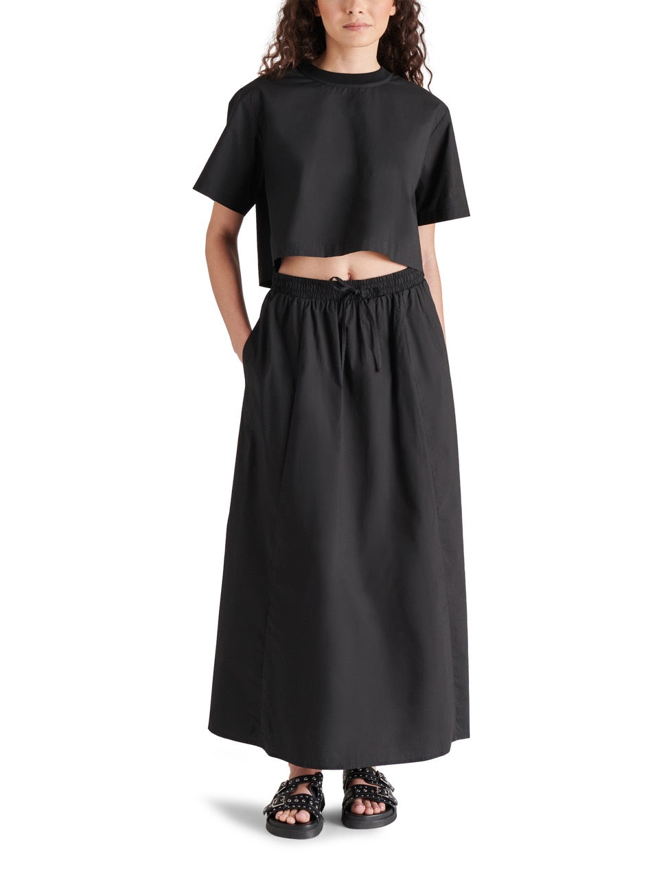 steve madden sunny maxi skirt in black-full front model view