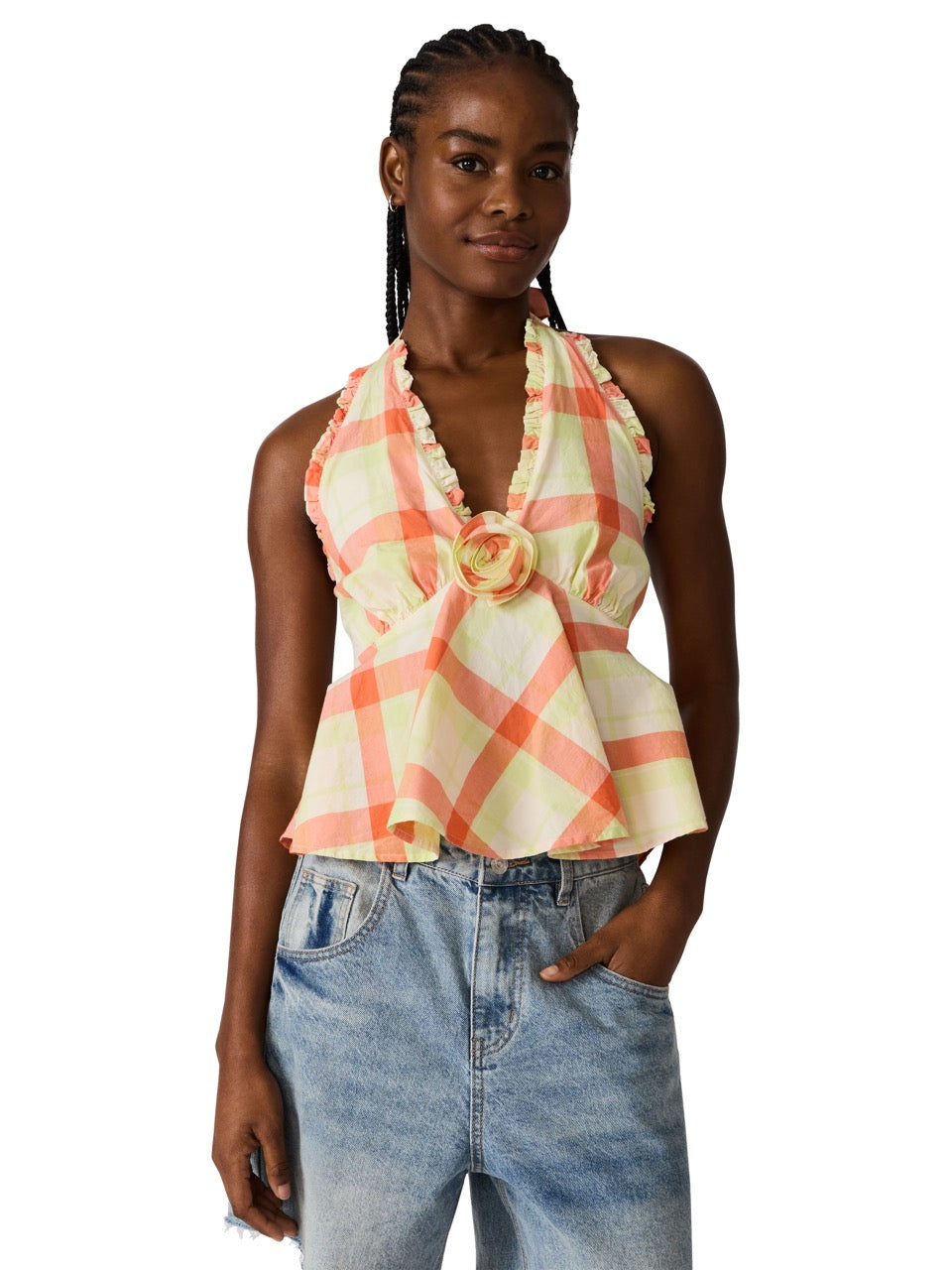 Steve Madden Tania Plaid Halter Top orange multi 