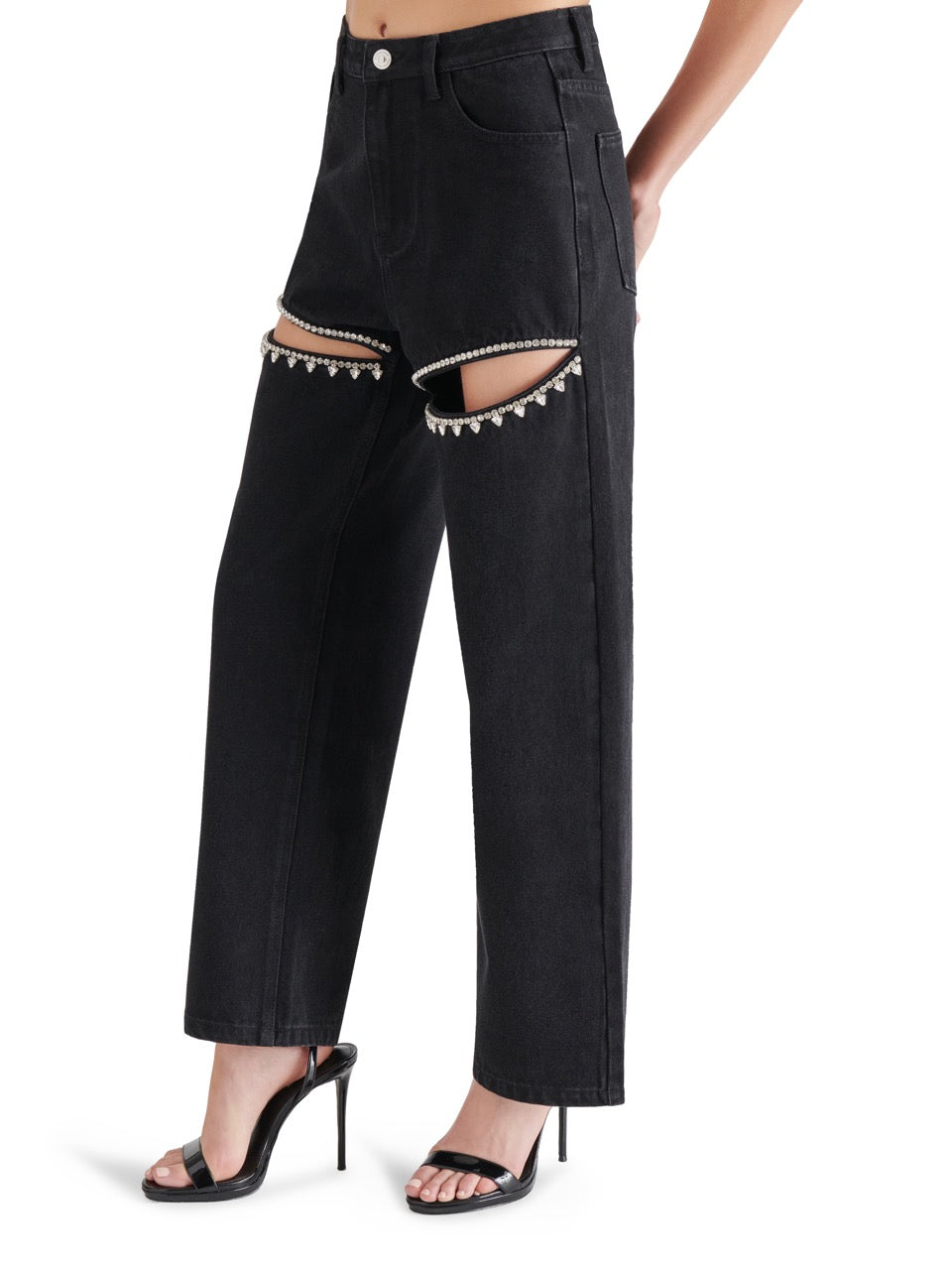 steve madden taylor rhinestone trim jeans in black-side