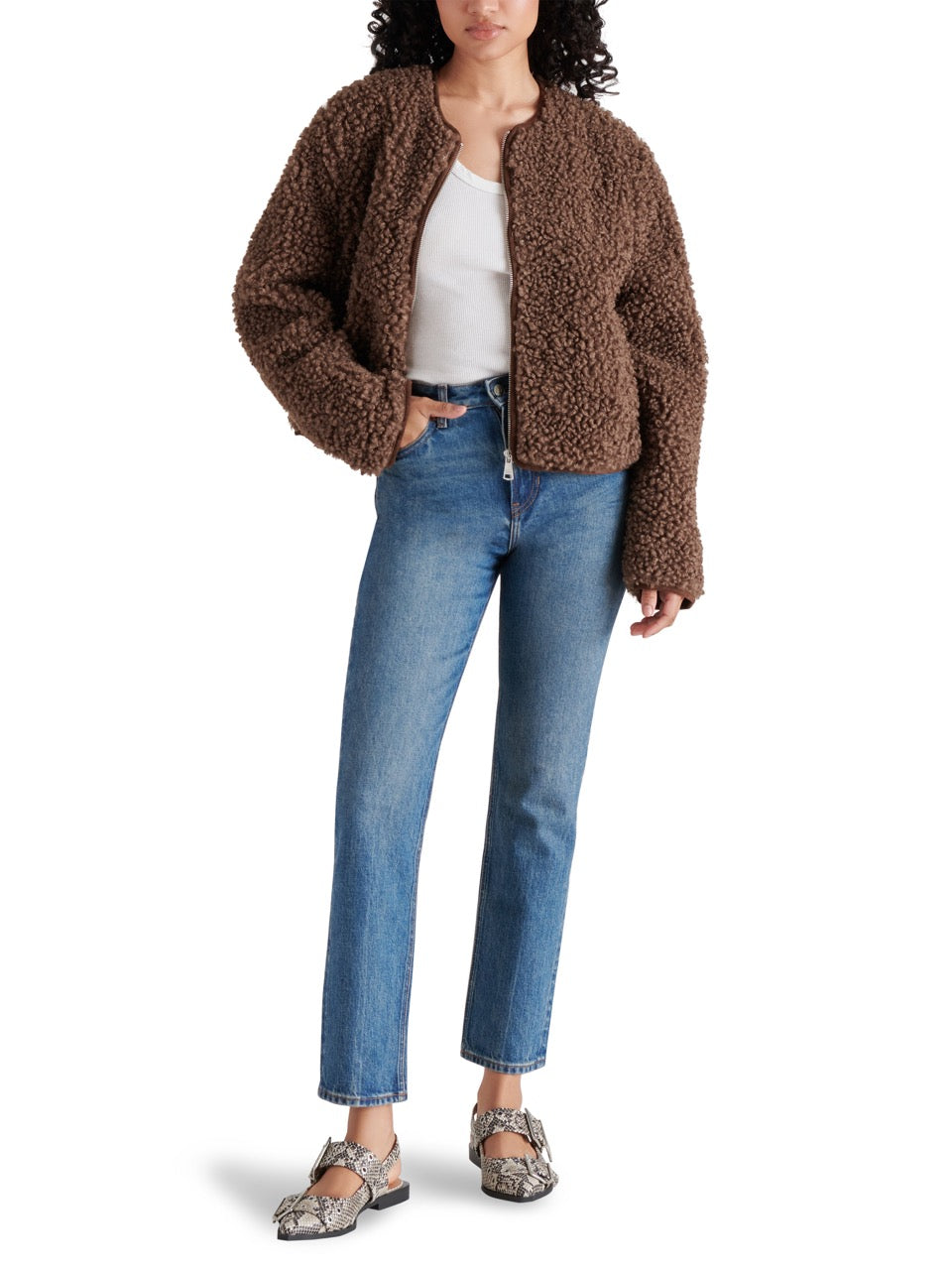 steve madden teddy zip jacket in mocha-front