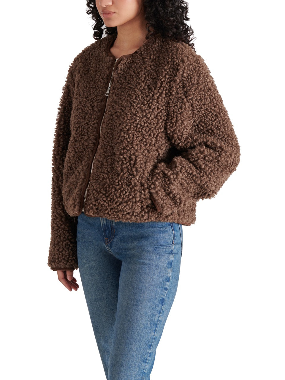 steve madden teddy zip jacket in mocha-side