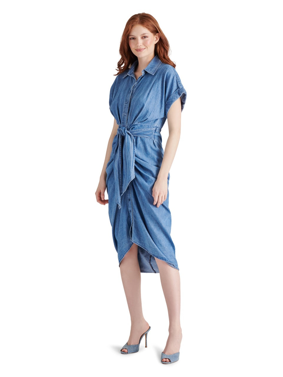 Steve Madden Tori Denim Gathered Tie-Front Dress in chambray blue-side