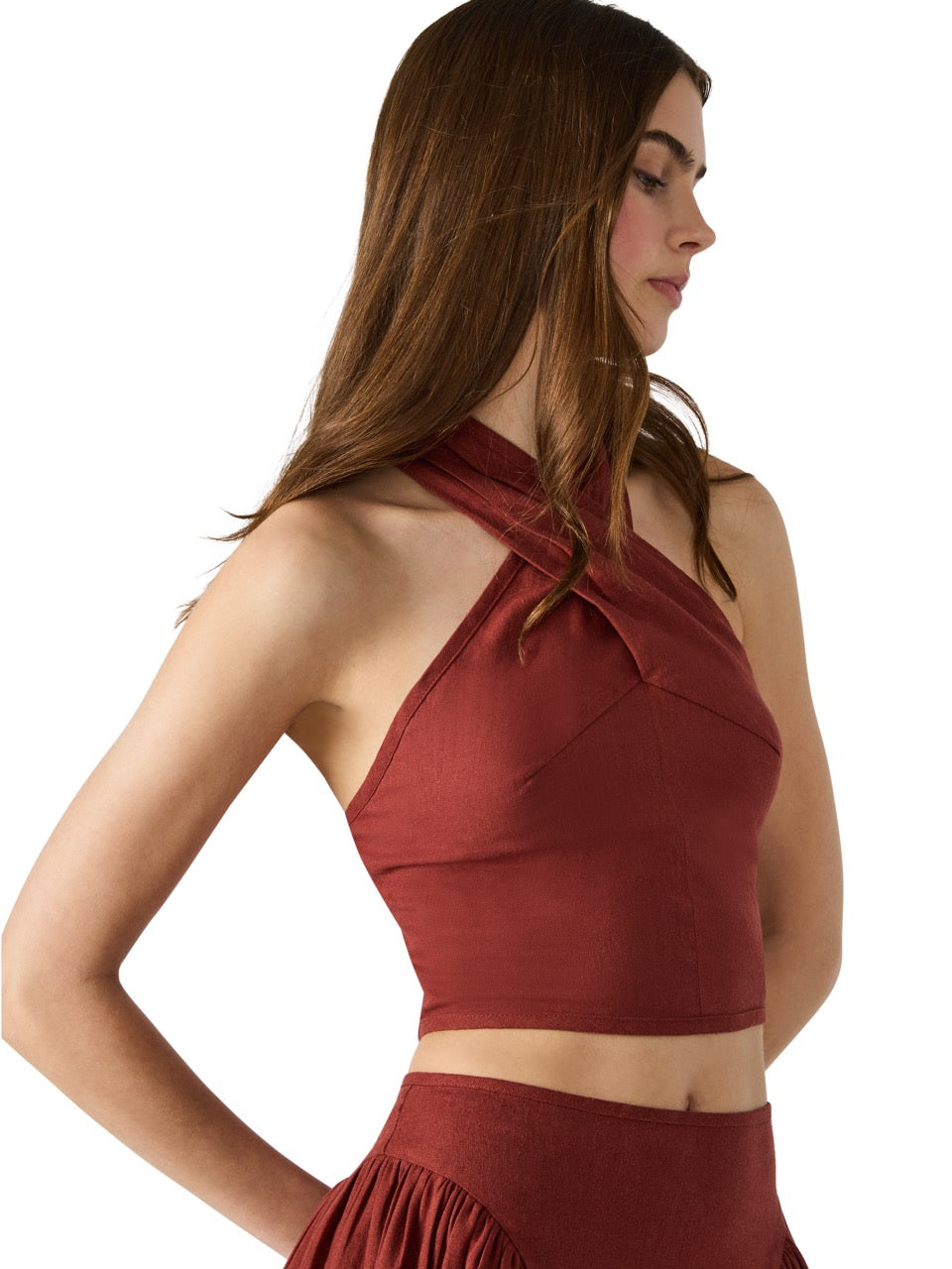 Steve Madden Winnie Twist Neck Crop Top in dusty brick 