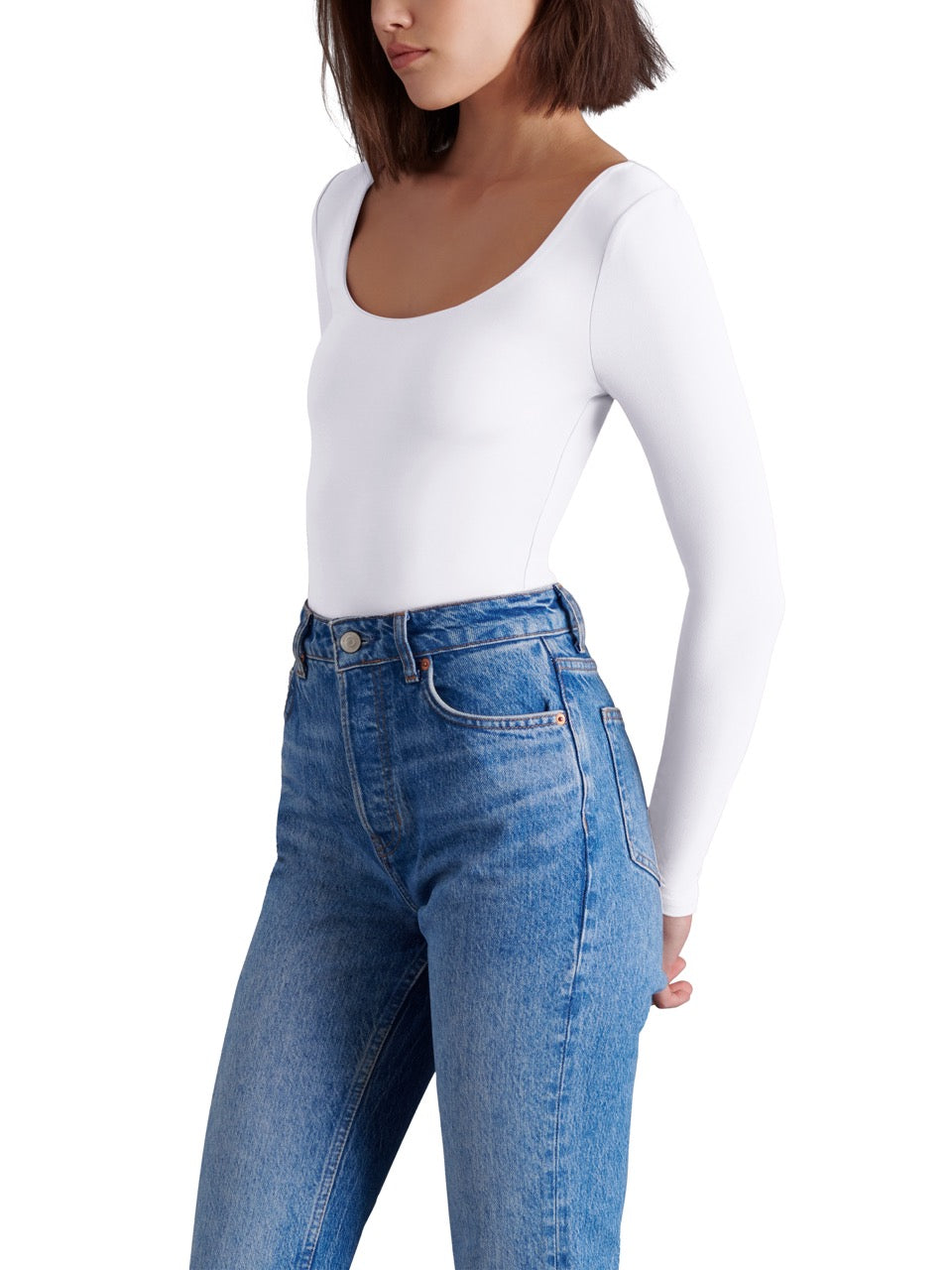 steve madden yura long sleeve bodysuit in white-side
