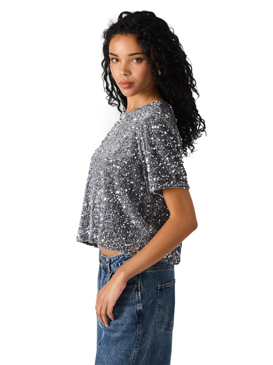 Steve Madden Cressa Sequin Velvet Top grey