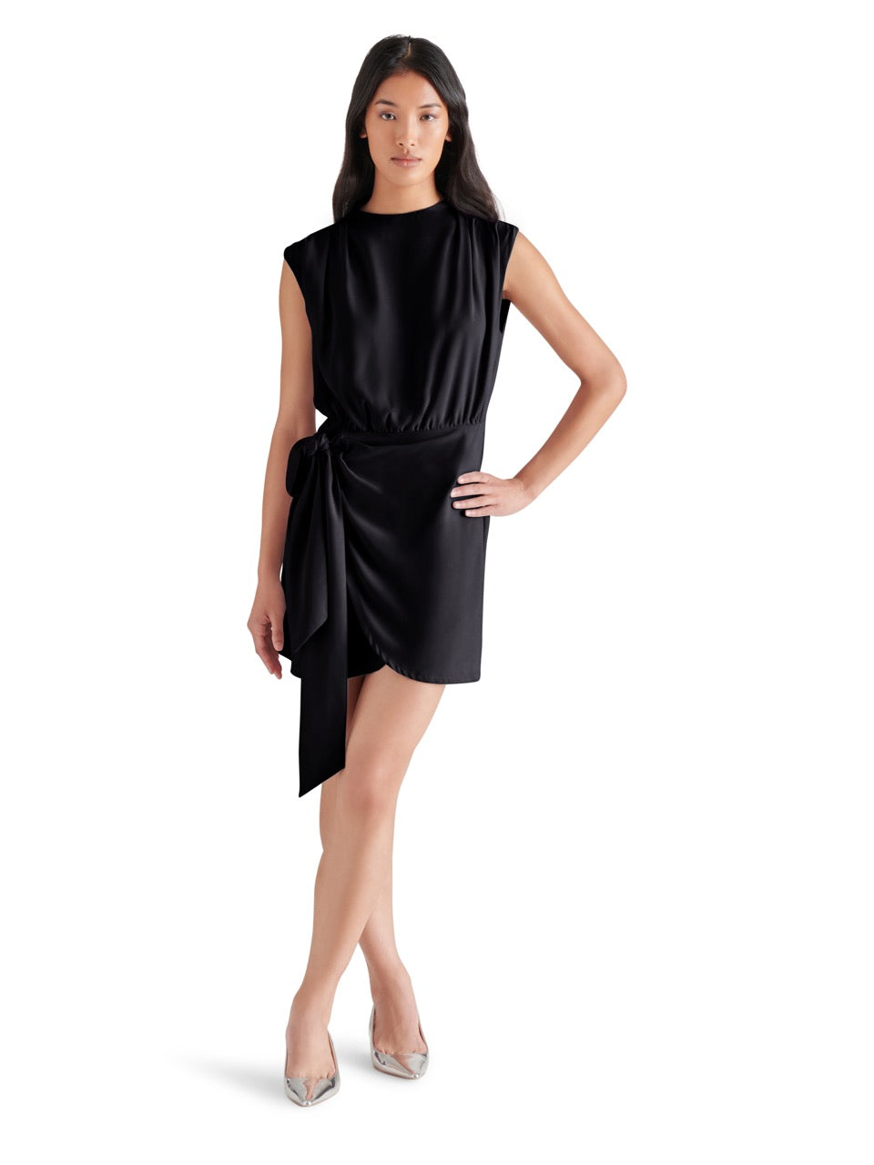 Steve Madden Noella Tie Wrap Mini Dress in black-front