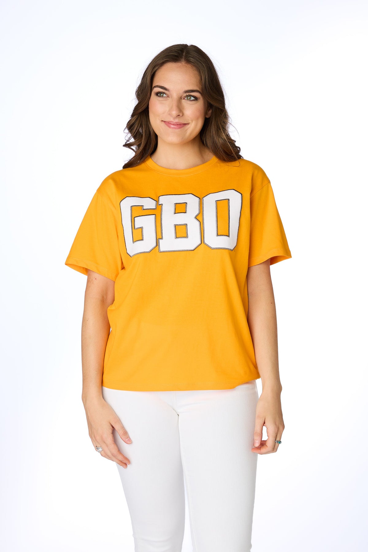 stewart simmons gbo varsity boyfriend tee in orange-front