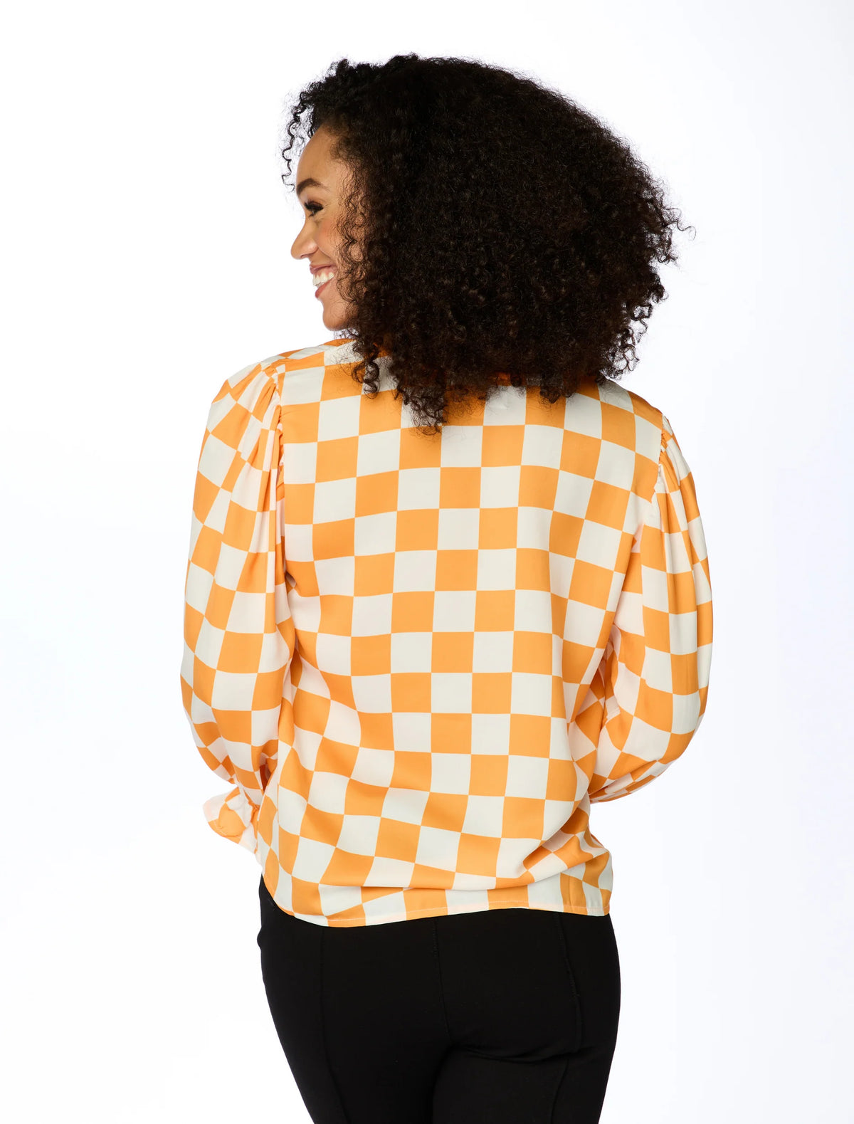 stewart simmons tennessee checkered poly 3/4 sleeve shirt in orange and white-back