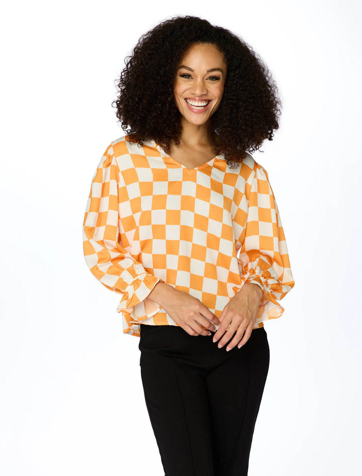 stewart simmons tennessee checkered poly 3/4 sleeve shirt in orange and white-front