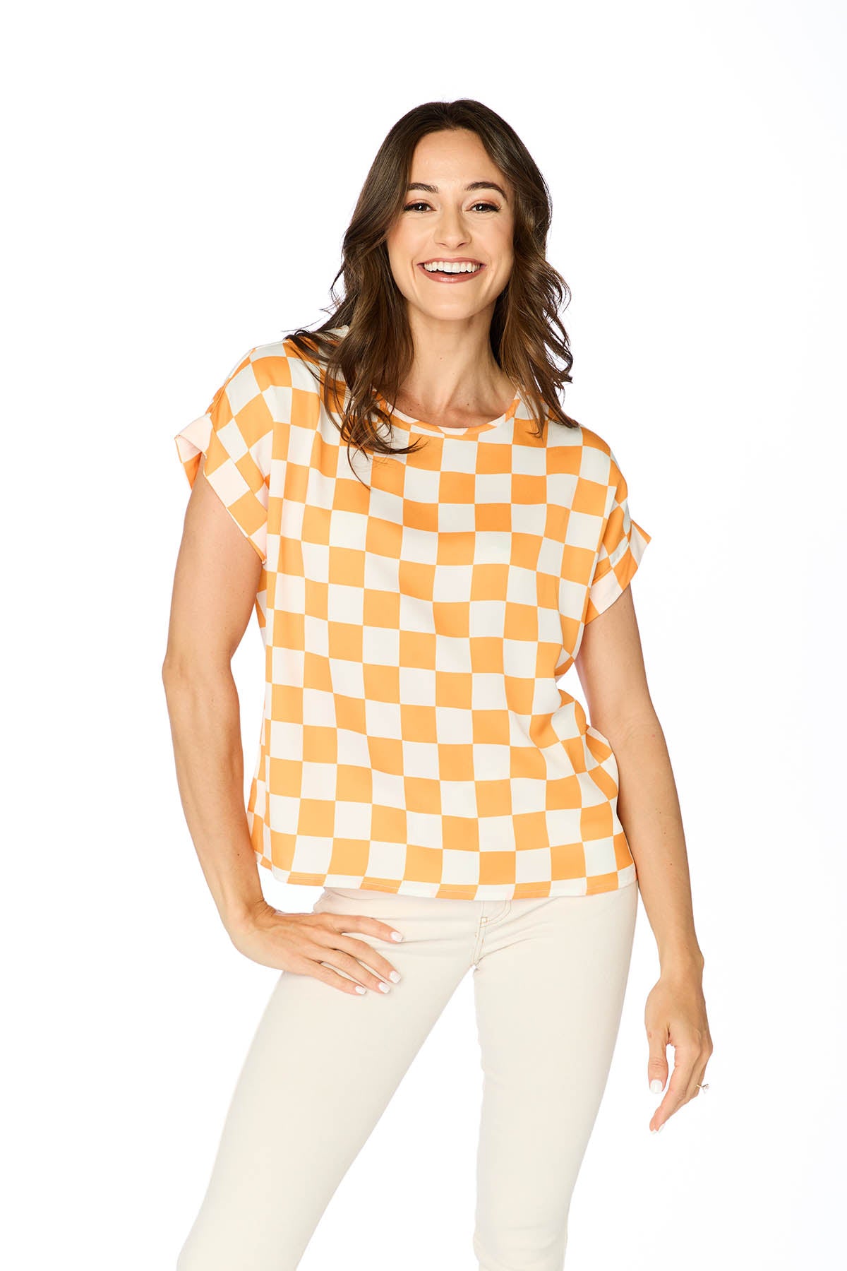 stewart simmons game day tennessee orange and white checkered rolled cuff blouse for university of tennessee volunteers game day