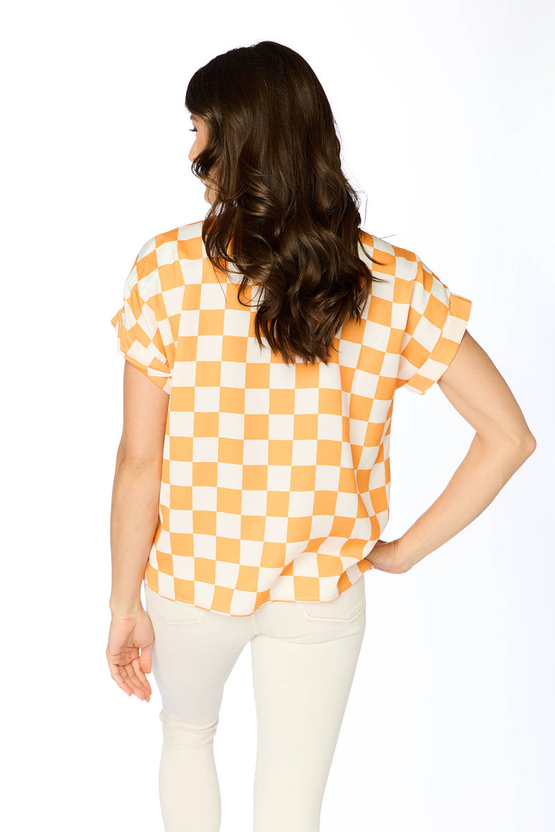 stewart simmons game day tennessee orange and white checkered rolled cuff blouse for university of tennessee volunteers game day