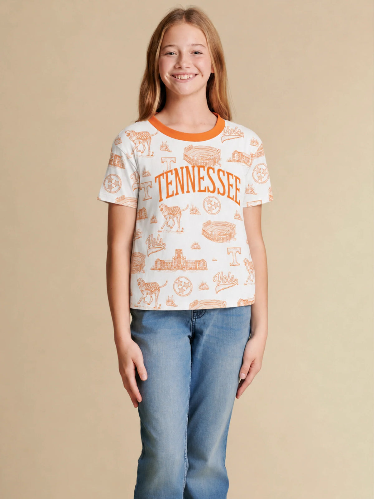 stewart simmons Tennessee Girls Team Toile Embroidered Tee  in white orange 