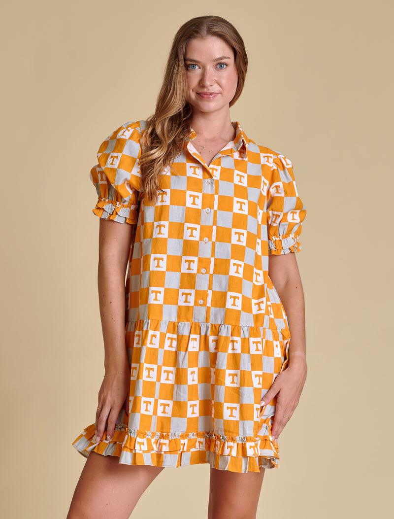 stewart simmons Tennessee Go Gingham Ruffle Dress in orange multi