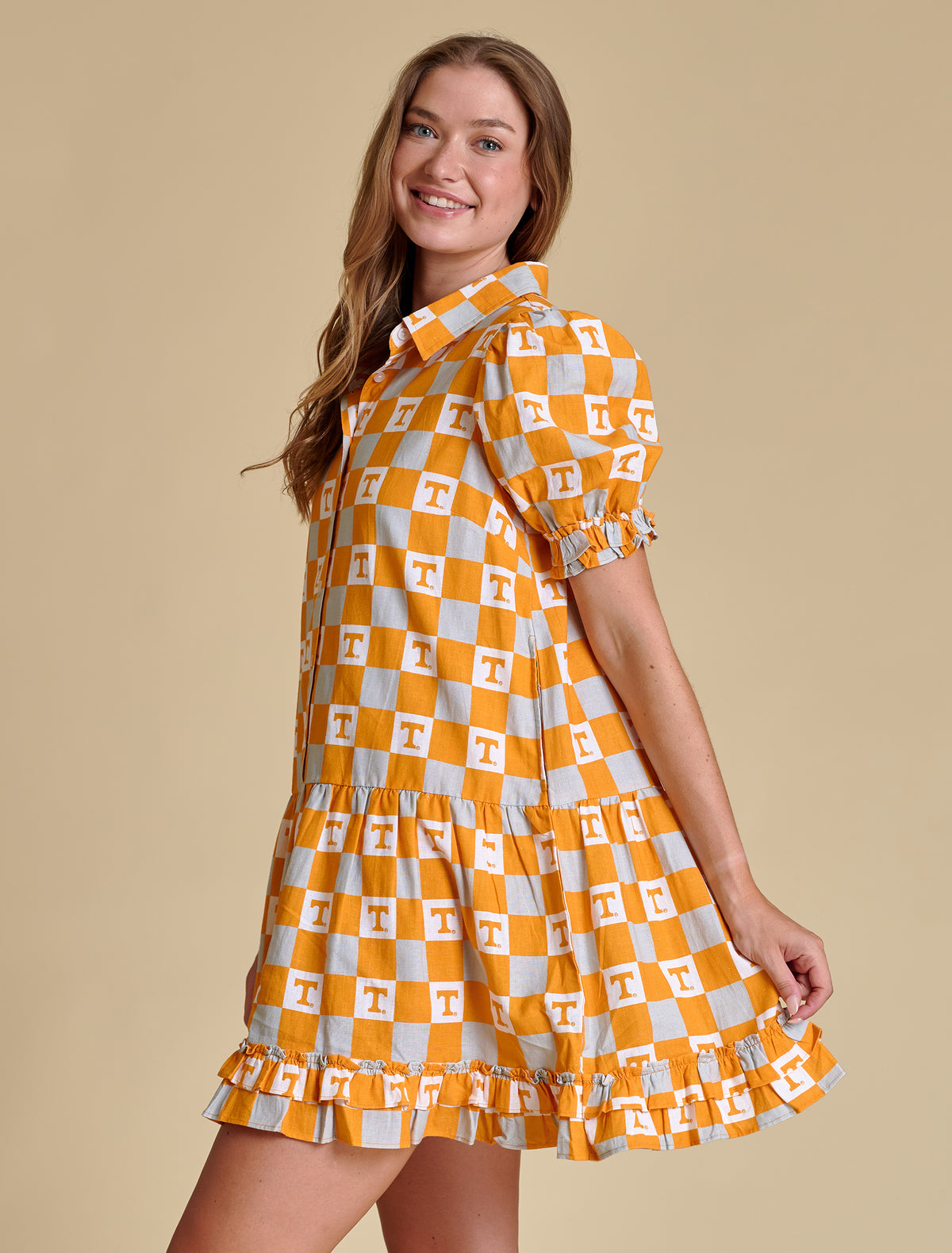 stewart simmons Tennessee Go Gingham Ruffle Dress in orange multi