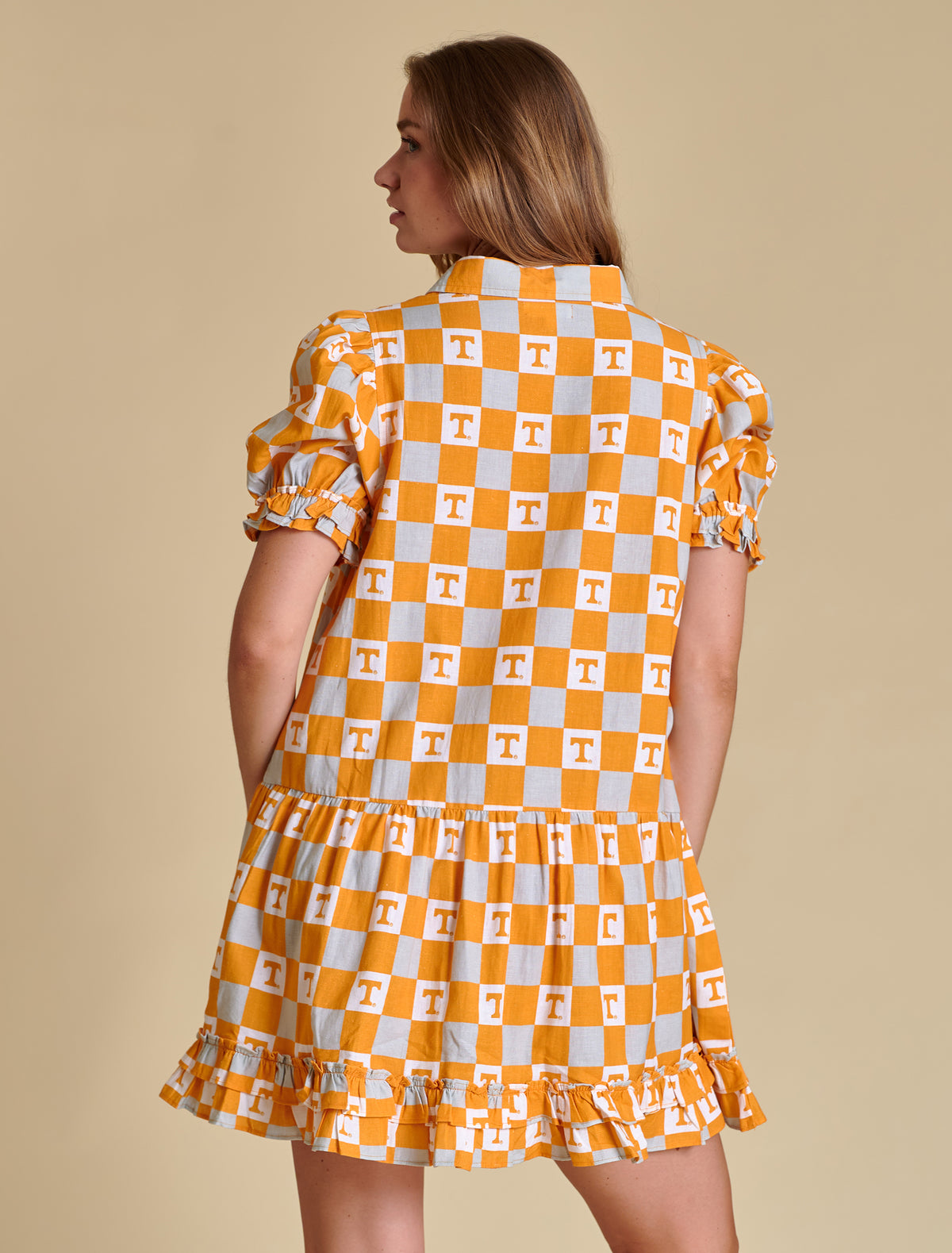stewart simmons Tennessee Go Gingham Ruffle Dress in orange multi