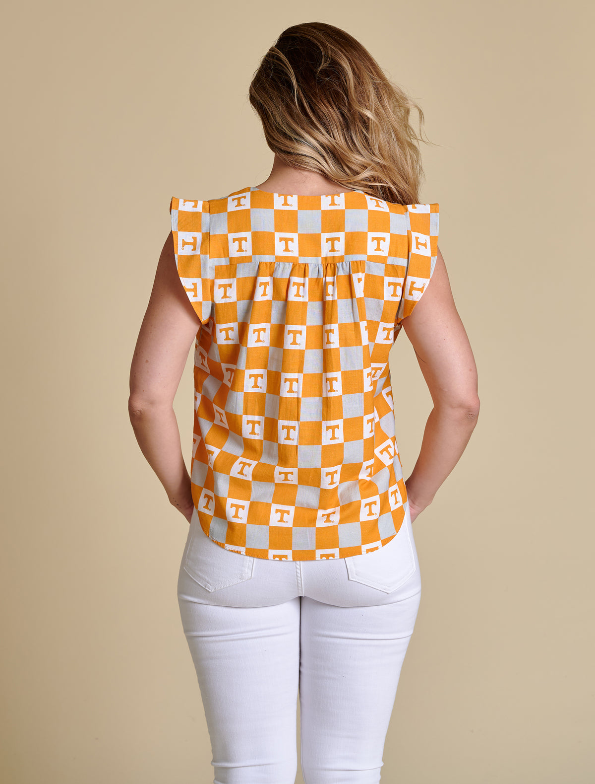 stewart simmons Tennessee Go Gingham Ruffle Tank in orange multi 