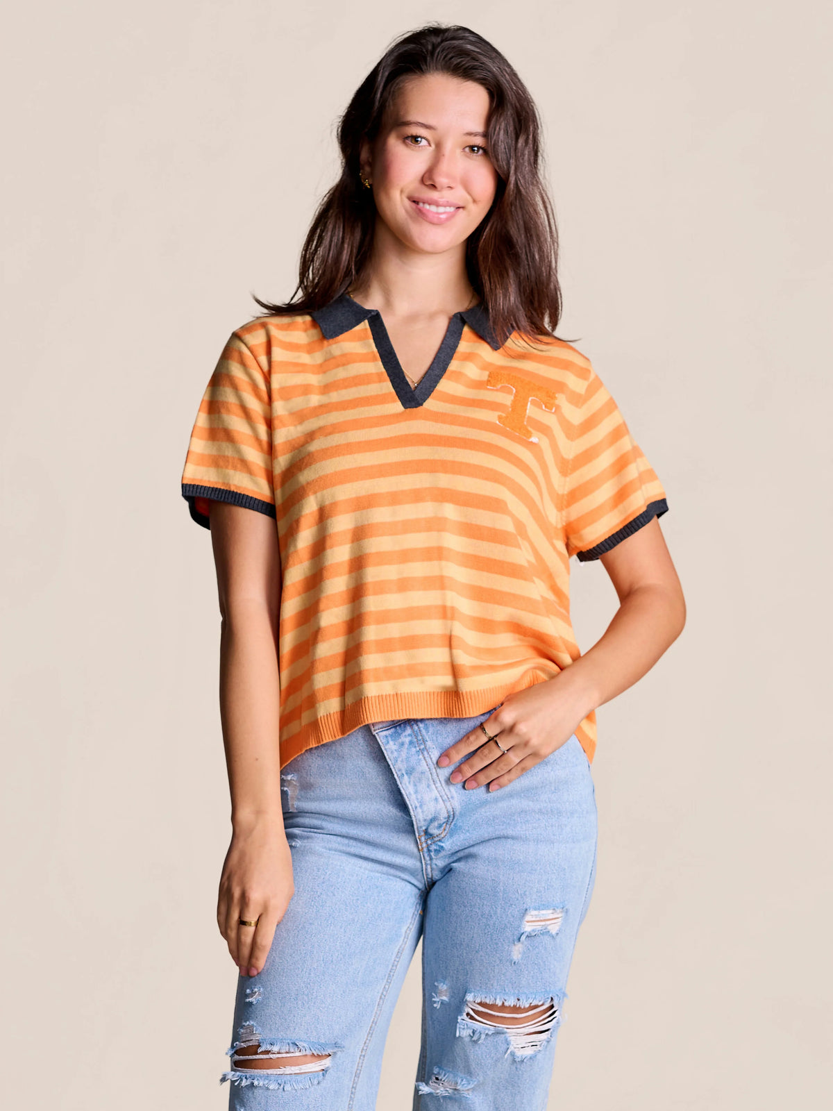 stuart simmons Tennessee The Spirit Stripe Collard Sweater orange