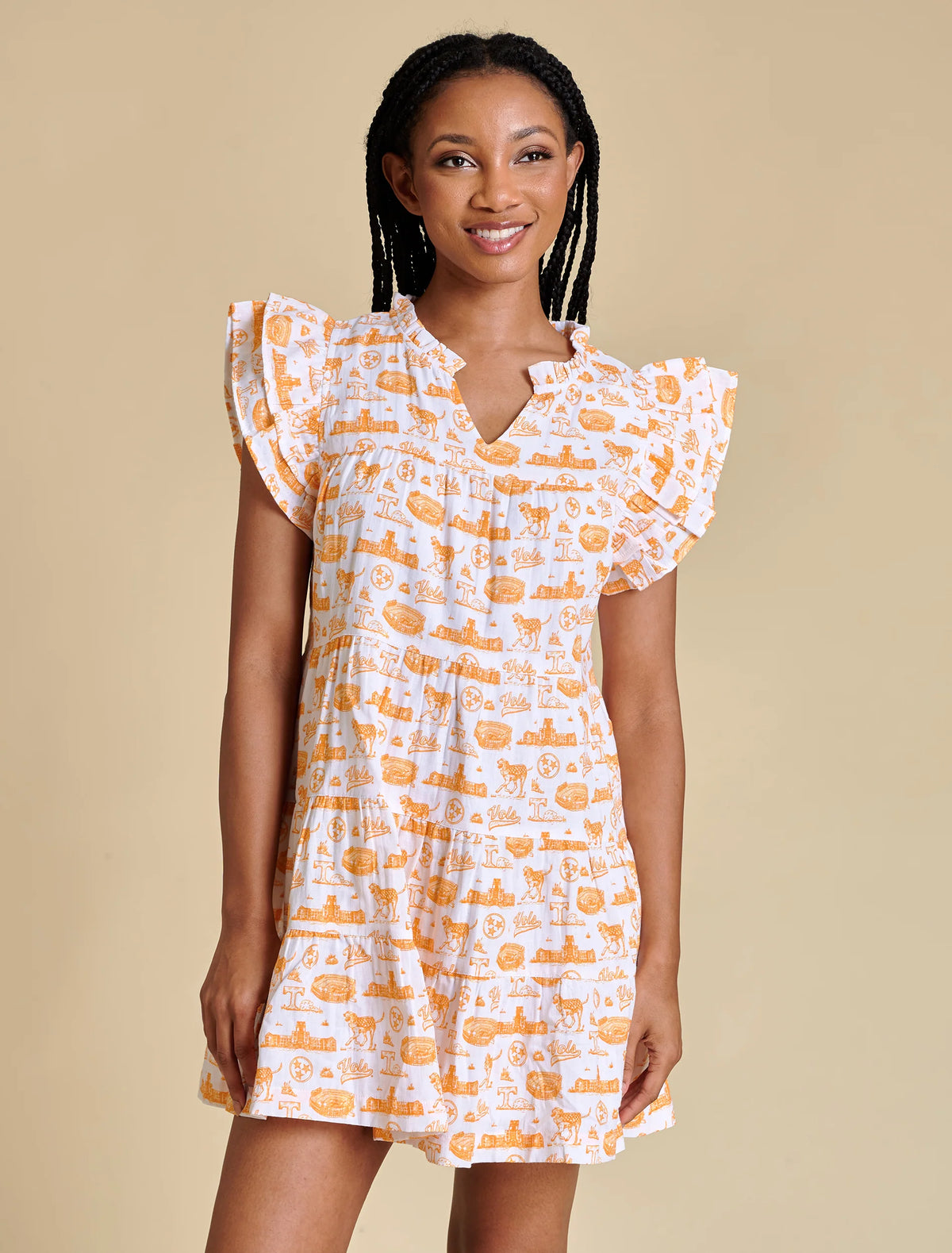 Tennessee Toile Flutter Sleeve Dress in white orange 