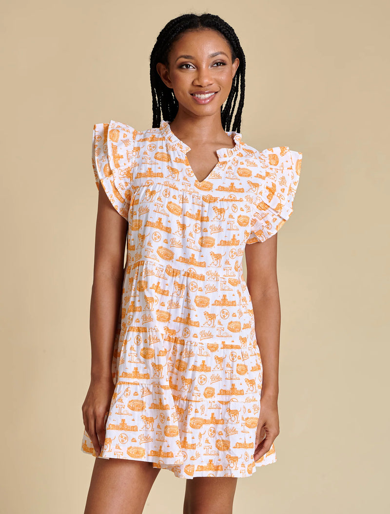 Tennessee Toile Flutter Sleeve Dress in white orange 